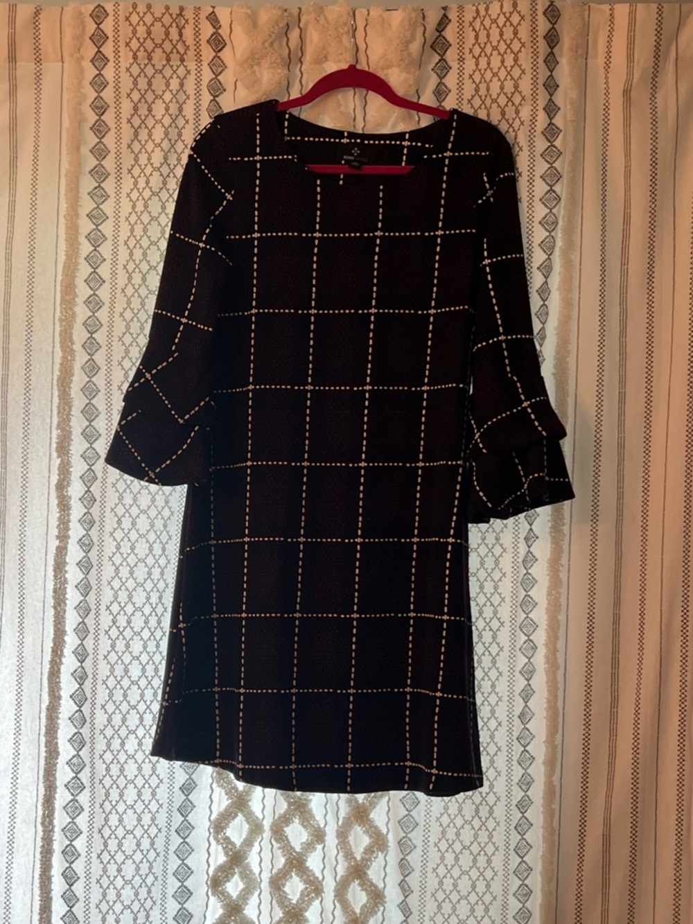 Windowpane-Check Black Dress with Ruffle Sleeves